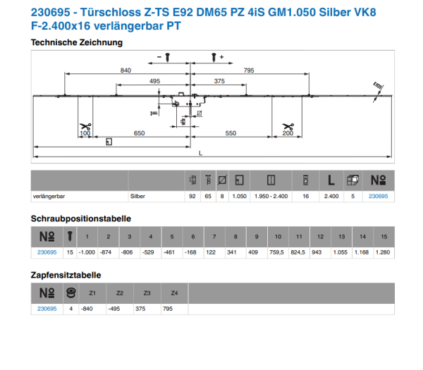 MACO Dverový zámok Z-TS  ovládaný kľúčom  92-16-8  , 4x IS čapy - Strieborná, 65
